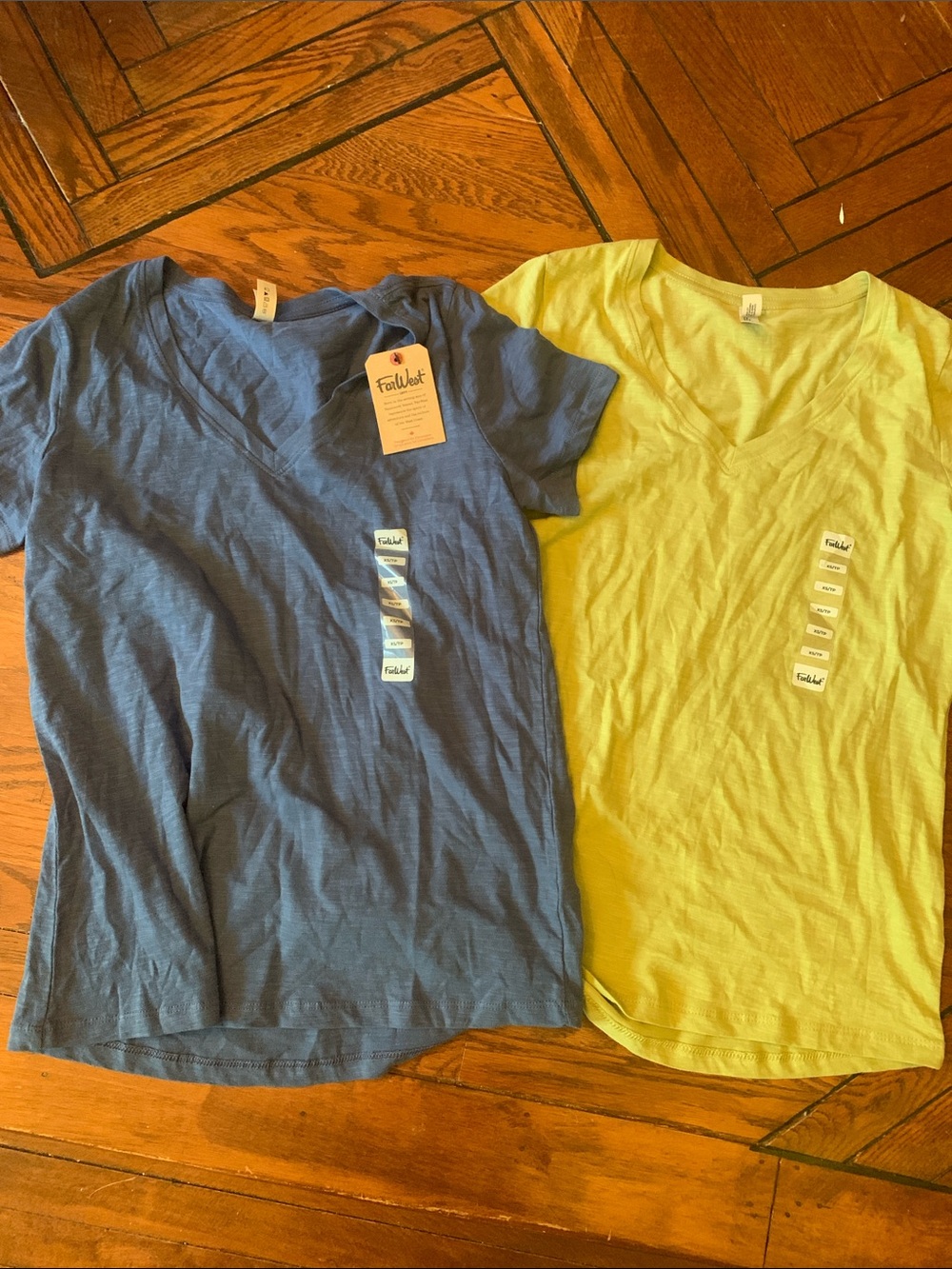 NWT Far West Cotton V Neck Tee Shirts Blue Green XS